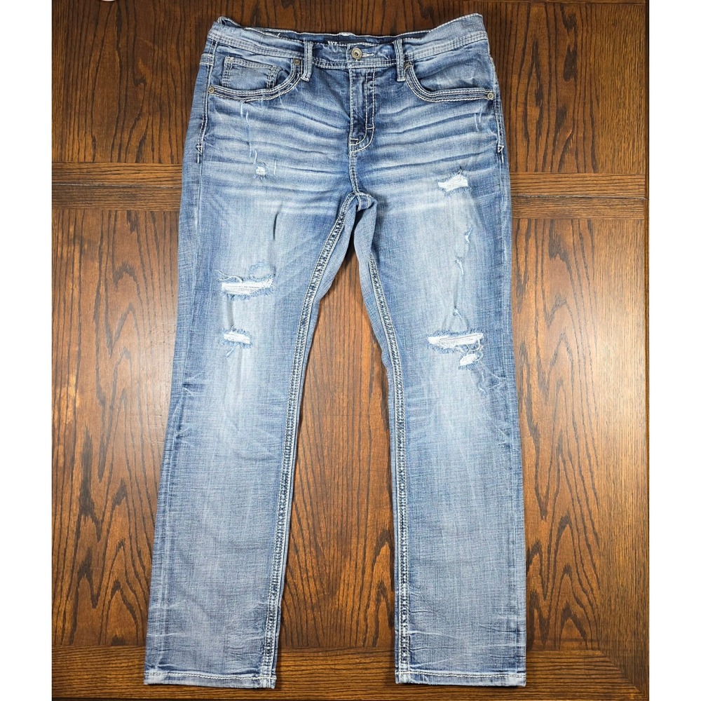 BKE Jake Straight Distressed Jeans Mens 34x32 Light Wash Stretch Ripped